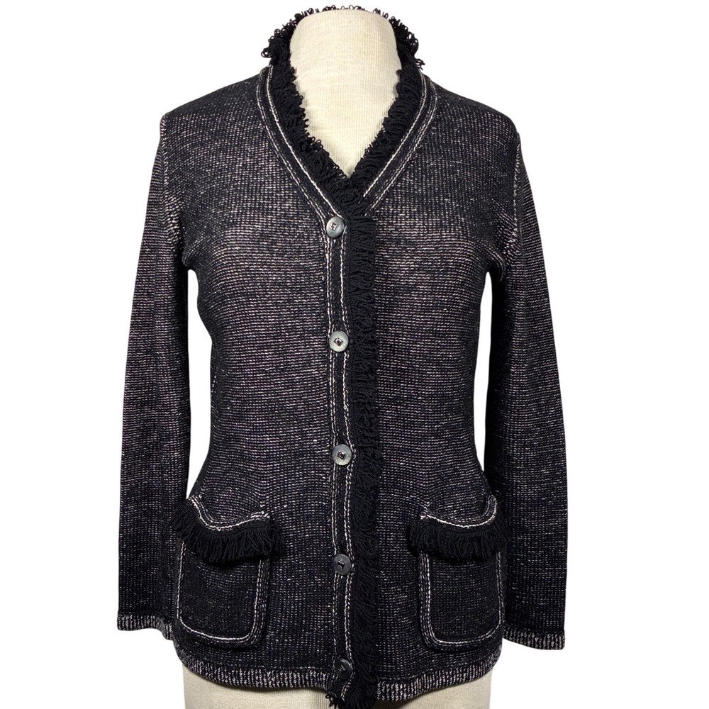 Doncaster Cardigan XS Black White fringe 1990s Preppy Old‎ Money Quiet Luxury